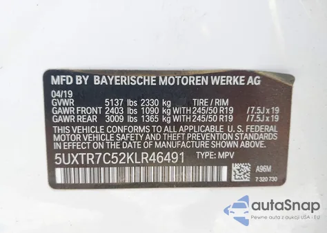 2019 BMW X3 Sdrive30I из США, поврежденный, VIN 5UXTR7C52KLR46491